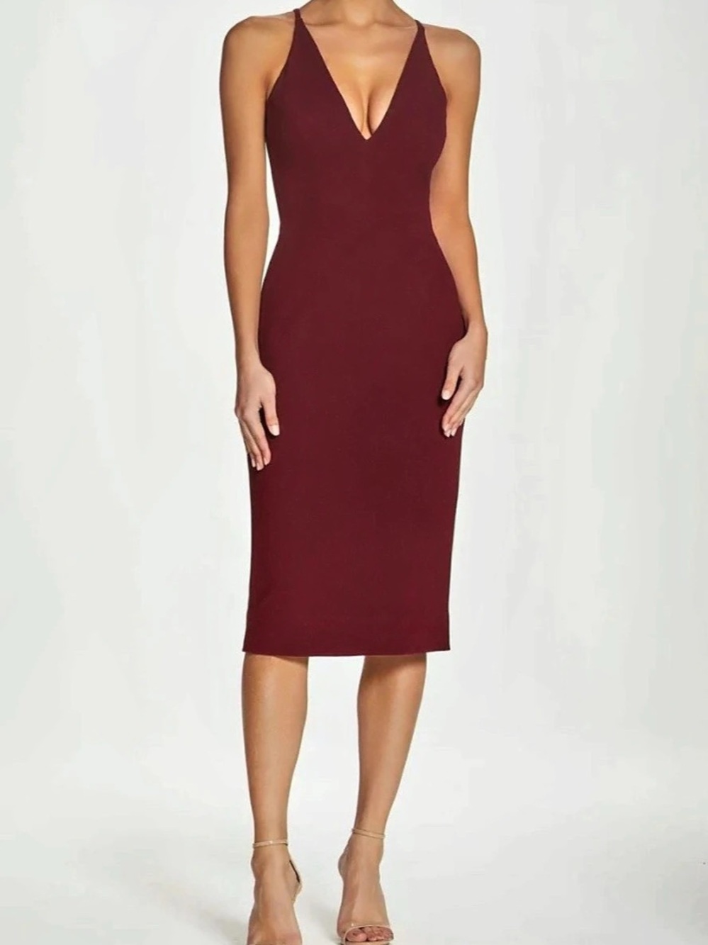 Dress the Population Lyla Crepe Gown Midi V-Neck Dress Burgundy Small